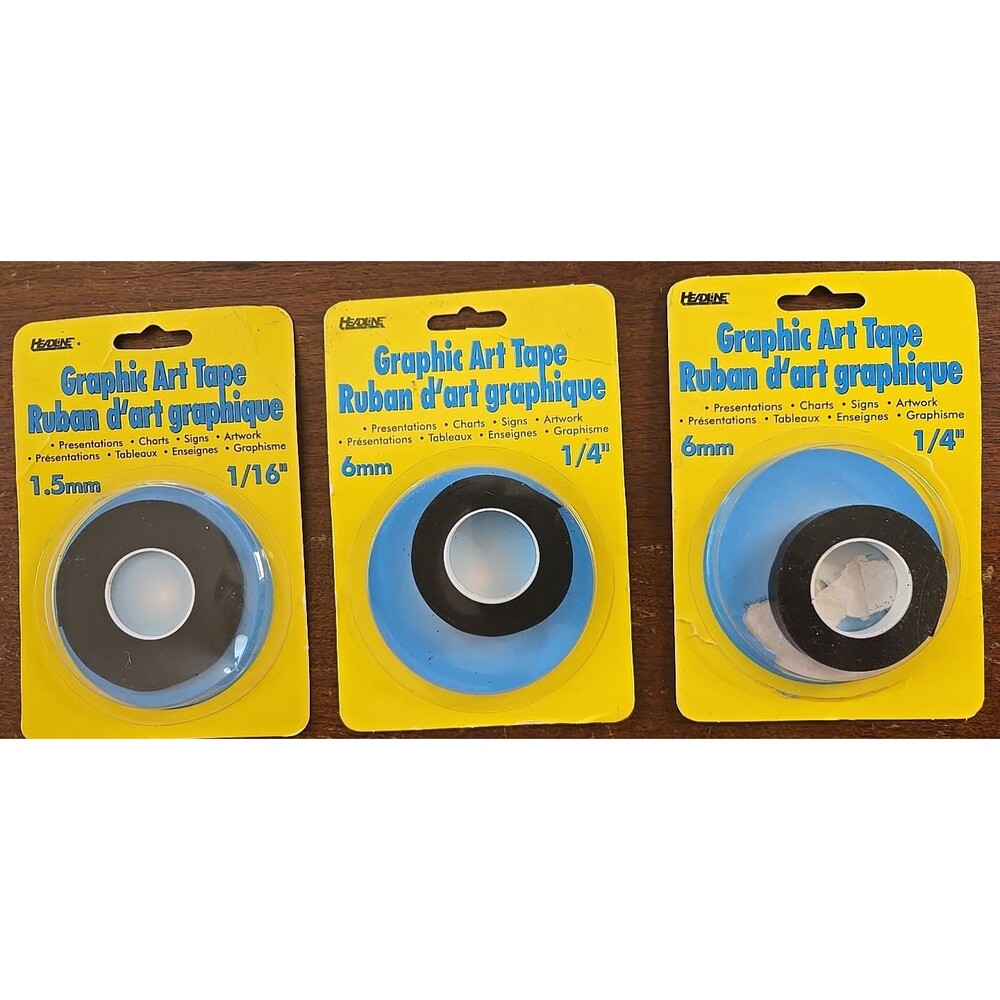 Lot Headline Sign Graphic Art Tape 1/8"x 324"(1) & 1/4" x 324" (2), Black Crepe